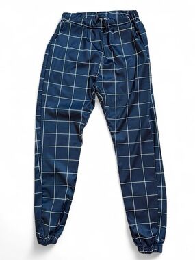 Navy Grid Print Jogger Pants Men’s Size Medium Elastic Waist